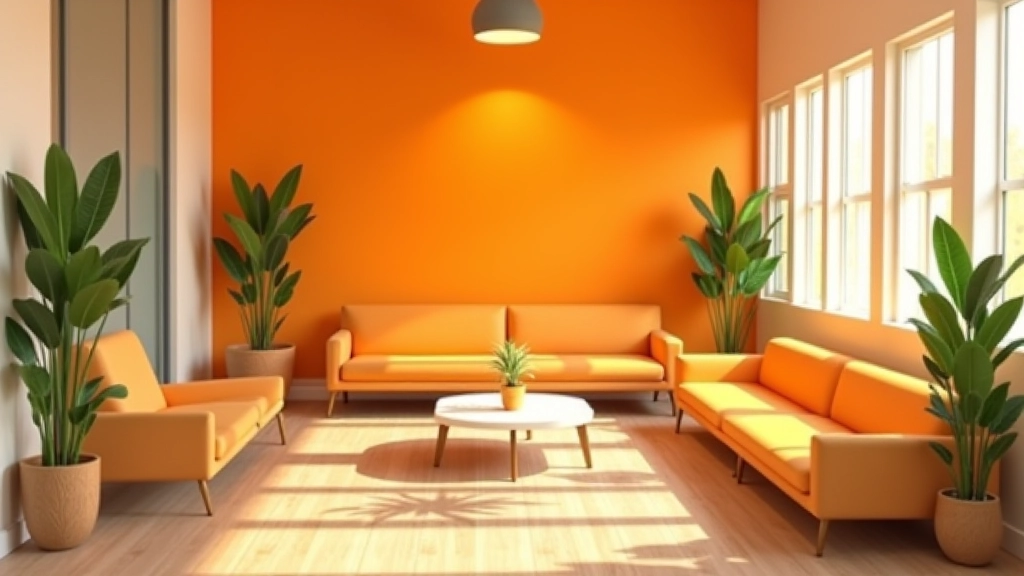 Bright coworking lounge area with warm cream walls, orange accent wall, comfortable seating, natural plants, warm overhead lighting