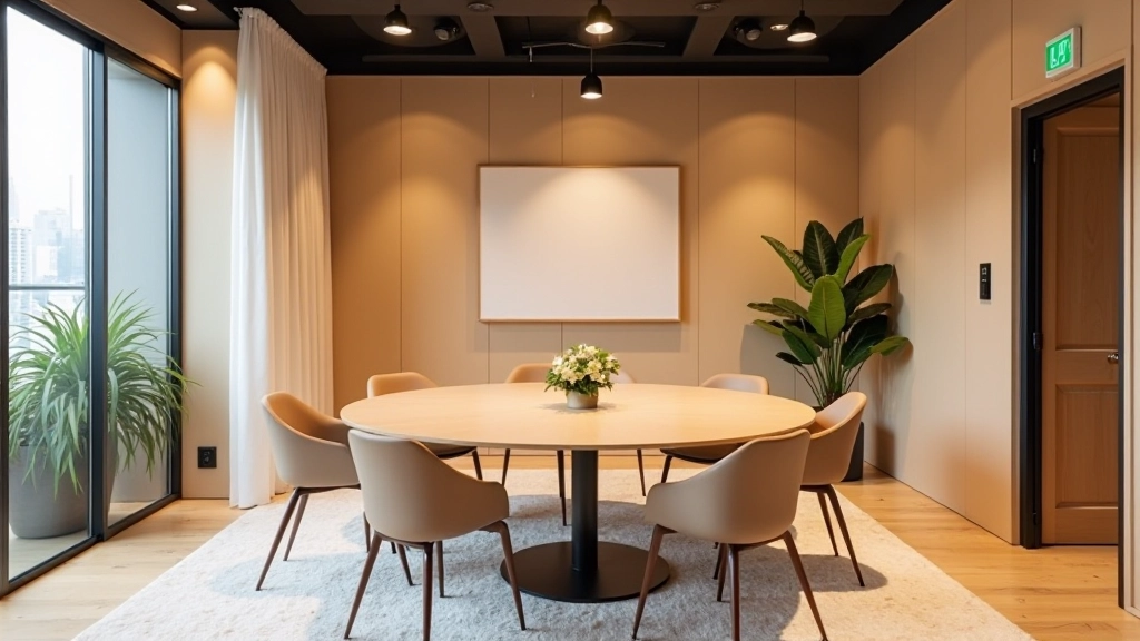 Collaborative workspace with meeting table and creative design elements