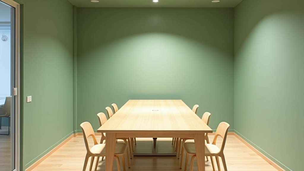 Contemporary meeting room with sage green walls and wooden table, natural wood chairs, glass partition, bright overhead lighting