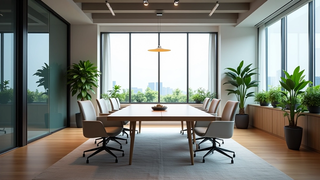 Meeting room with glass walls, natural wood table, and comfortable seating for collaborative work