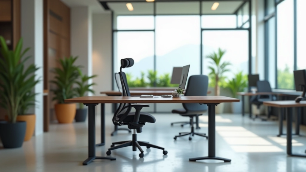Ergonomic office furniture including adjustable desk chair and standing desk setup
