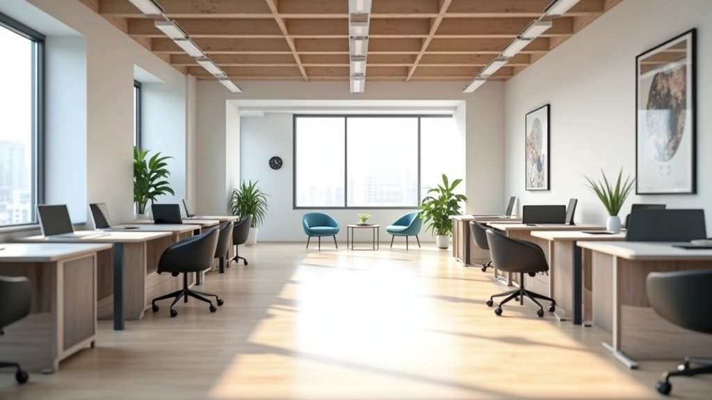 Modern office workspace with low furniture allowing clear sightlines across open floor plan, minimalist desk arrangement