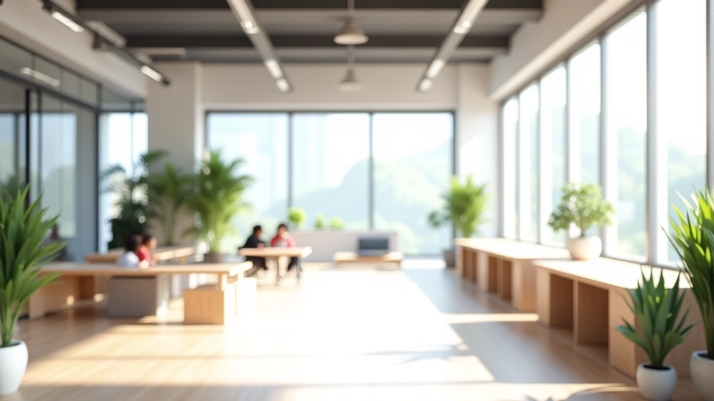 Modern coworking office space with open desks, natural light, and collaborative seating areas